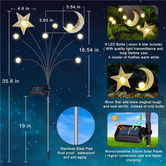 Solar Firefly Lights Outdoor Moon Star Sun Projection Stake Lights - Waterproof - Picture 2 of 7